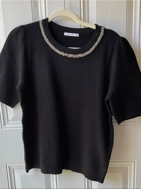 Staccato Black Short Sleeve Knit Top with Beaded Neckline